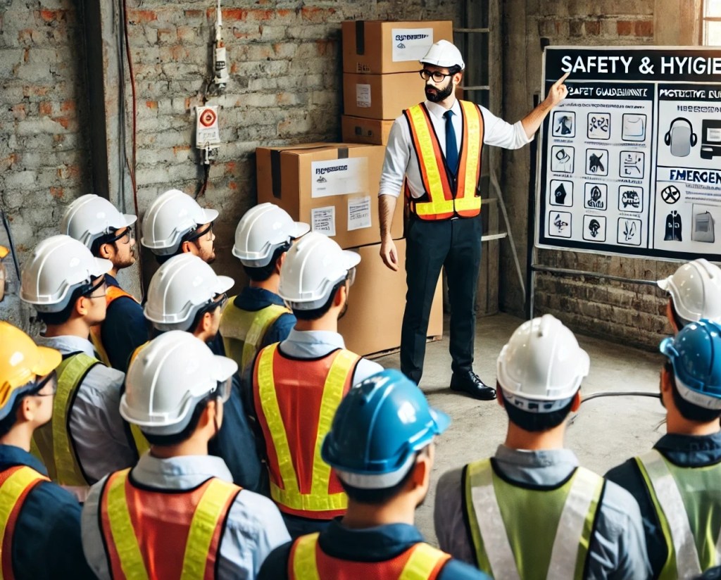 Un instructor está dando una charla sobre seguridad e higiene industrial a un grupo de trabajadores, todos usando cascos y chalecos reflectantes, en un entorno de capacitación.